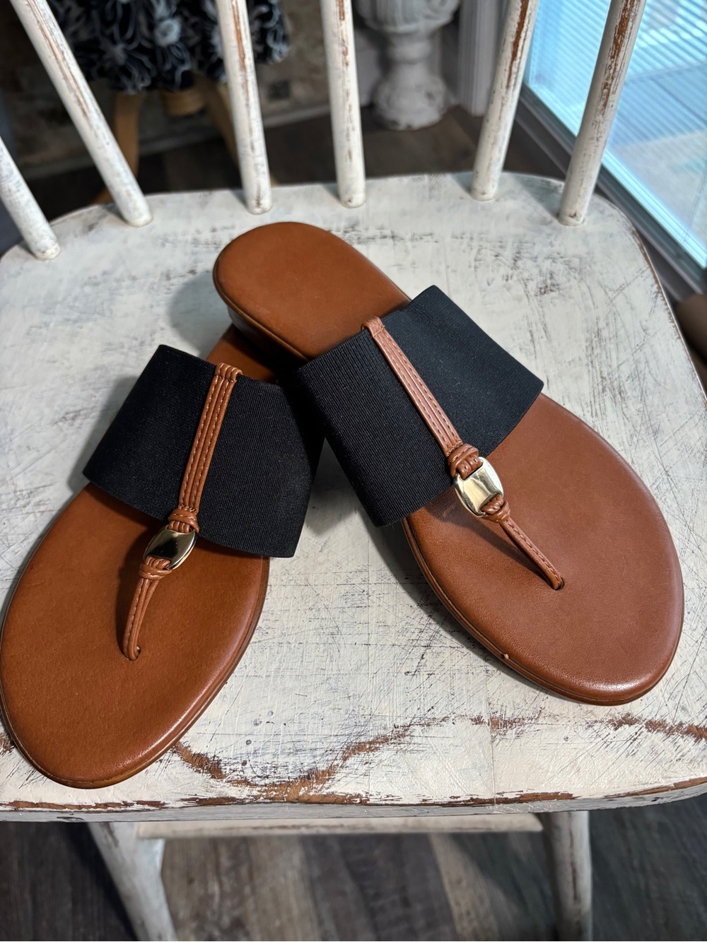 Women's Brown Footbed Sandals with Black Fabric Upper and Gold Accent